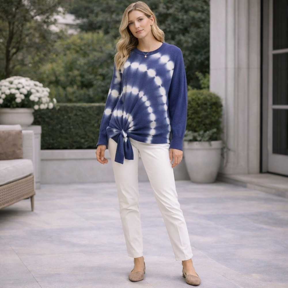 Cinq a Sept Tie Dye‎ Wool Cashmere Sweater Top Blue White Knot Detail Women's XL